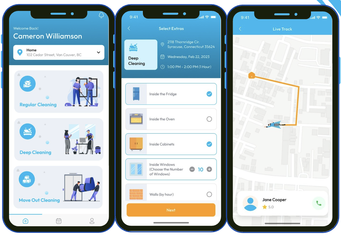 Cleany app screens