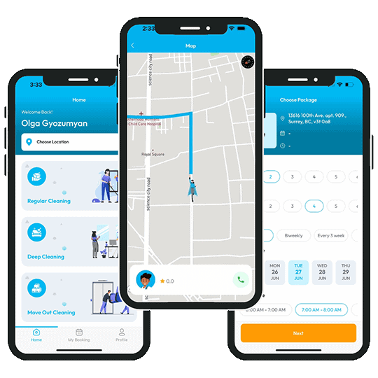 Cleany app screens on 3 phones
