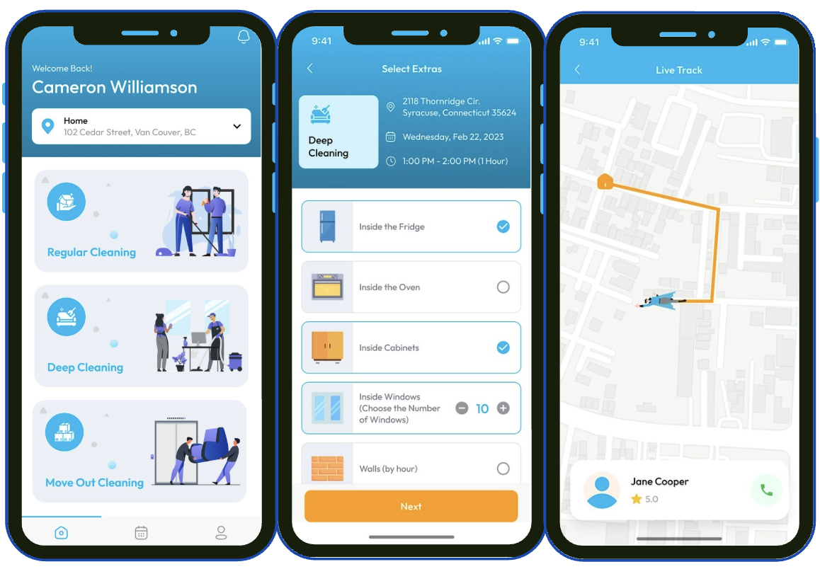 Cleany App screens: book a clean, add extras and track your cleaner live
