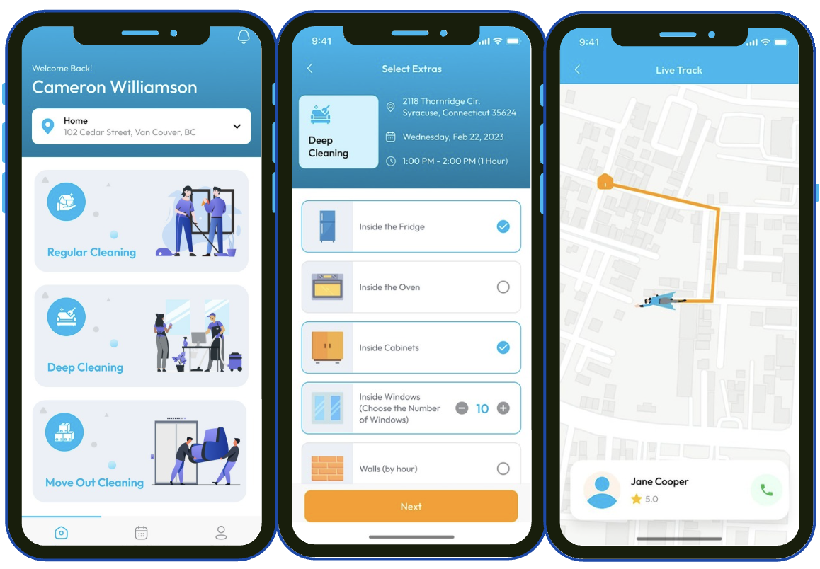Cleany app screens