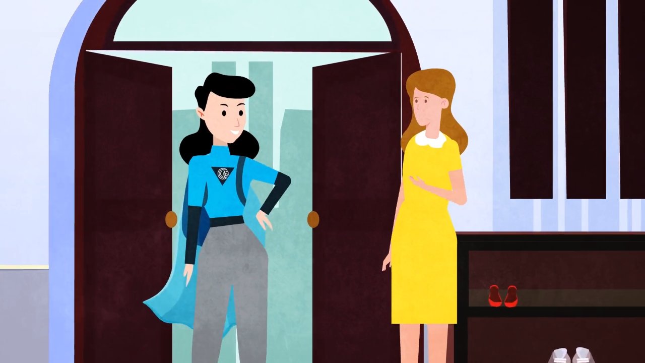 Home 1 Cleany cartoon: a Cleany cleaner arrives at a client’s door